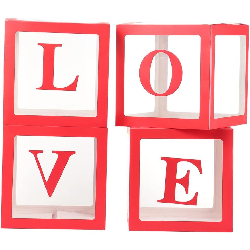 Set 4 Cutii pentru Baloane, ANGELBEAR, Model Scris Love, Tematica Iubire, Cuburi Decorative din Plastic, Accesorii pentru Petrecere, 30x30 cm, Transparente Contur Rosu