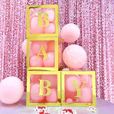 Set 4 Cutii pentru Baloane, ANGELBEAR, Model Simplu, Tematica Aniversare, Cuburi Decorative din Plastic, Accesorii pentru Petrecere, 30 x30 cm, Transparente Contur Auriu