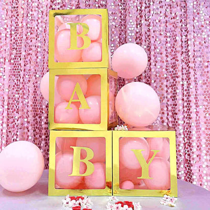Set 4 Cutii pentru Baloane, ANGELBEAR, Model Simplu, Tematica Aniversare, Cuburi Decorative din Plastic, Accesorii pentru Petrecere, 30 x30 cm, Transparente Contur Auriu