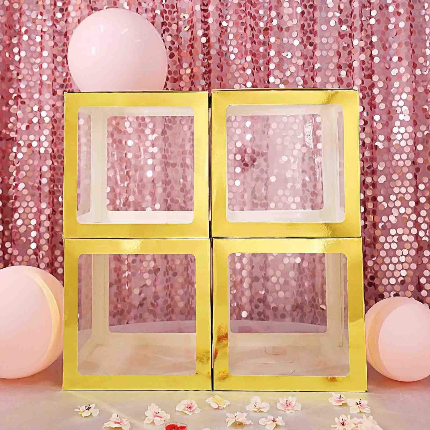 Set 4 Cutii pentru Baloane, ANGELBEAR, Model Simplu, Tematica Aniversare, Cuburi Decorative din Plastic, Accesorii pentru Petrecere, 30 x30 cm, Transparente Contur Auriu