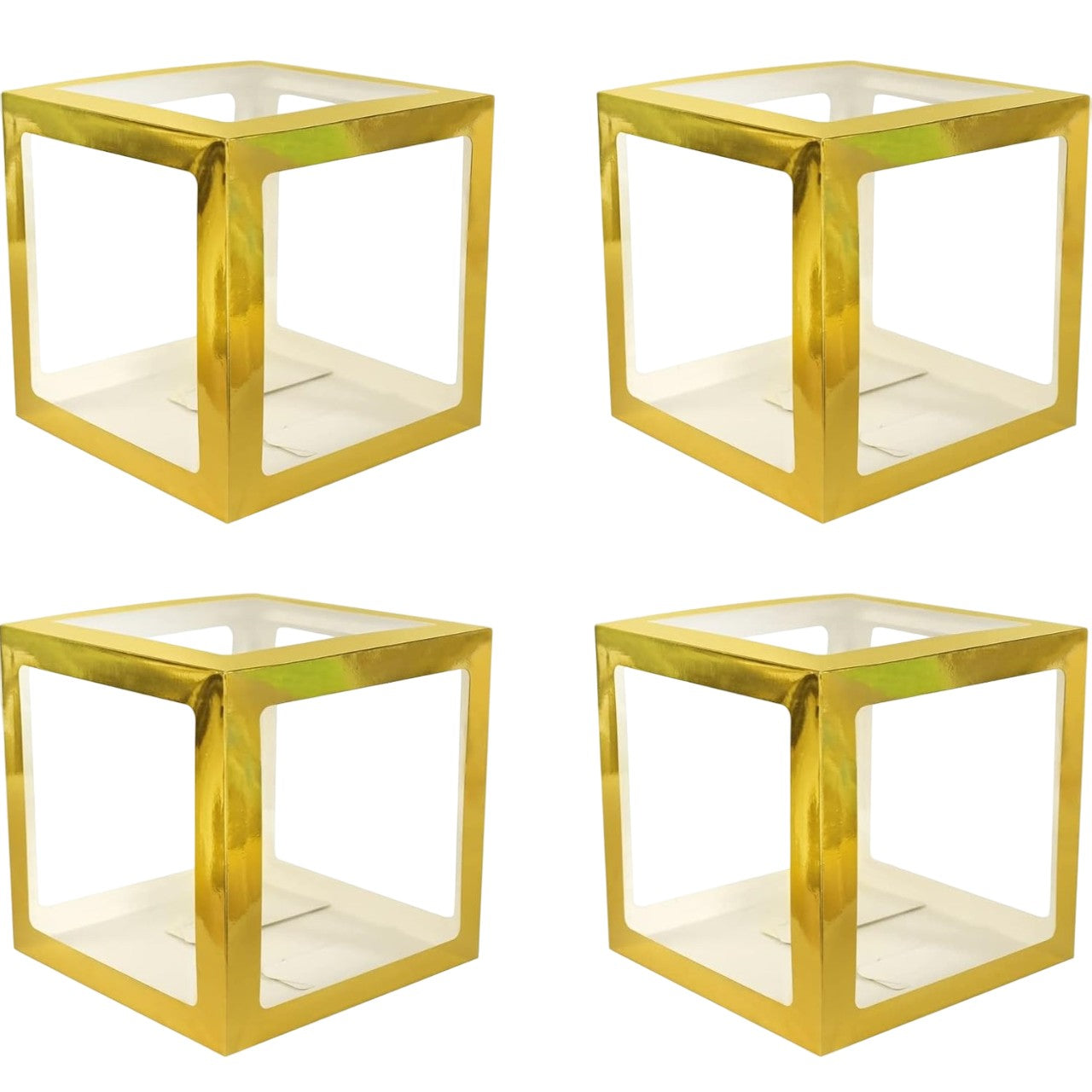 Set 4 Cutii pentru Baloane, ANGELBEAR, Model Simplu, Tematica Aniversare, Cuburi Decorative din Plastic, Accesorii pentru Petrecere, 30 x30 cm, Transparente Contur Auriu