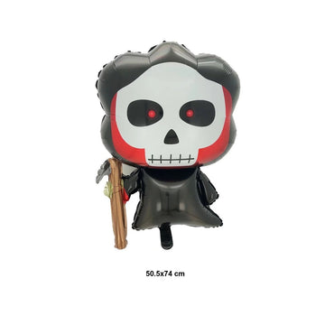 Set 5 Baloane din Folie Metalizata, ANGELBEAR, Figurine, Tema Halloween, Pai Inclus, Ambalaj Individual, Umflare cu Aer sau Heliu, Figurina Craniu 50.5x74 cm, Stelute si Cerculete 45 cm, Alb-Negru