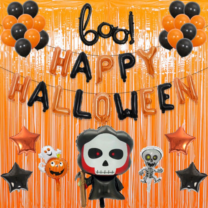 Set 5 Baloane din Folie Metalizata, ANGELBEAR, Figurine, Tema Halloween, Pai Inclus, Ambalaj Individual, Umflare cu Aer sau Heliu, Figurina Craniu 50.5x74 cm, Stelute si Cerculete 45 cm, Alb-Negru