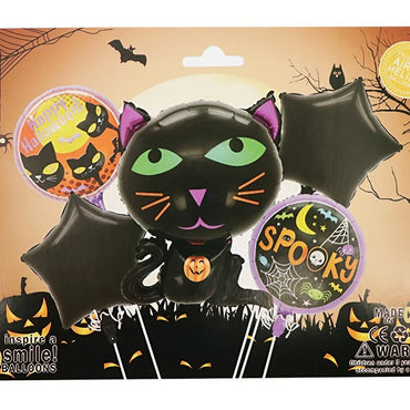 Set 5 Baloane din Folie Metalizata, ANGELBEAR, Figurine, Tema Halloween, Pai Inclus, Ambalaj Individual, Umflare cu Aer sau Heliu, Figurina Pisica 65x49 cm, Stelute si Cerculete 45 cm, Negru