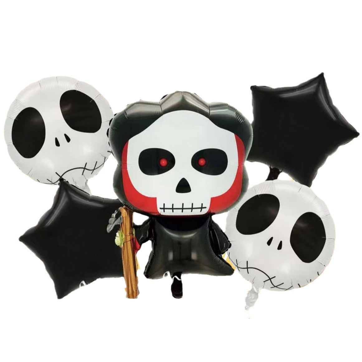 Set 5 Baloane din Folie Metalizata, ANGELBEAR, Figurine, Tema Halloween, Pai Inclus, Ambalaj Individual, Umflare cu Aer sau Heliu, Figurina Craniu 50.5x74 cm, Stelute si Cerculete 45 cm, Alb-Negru