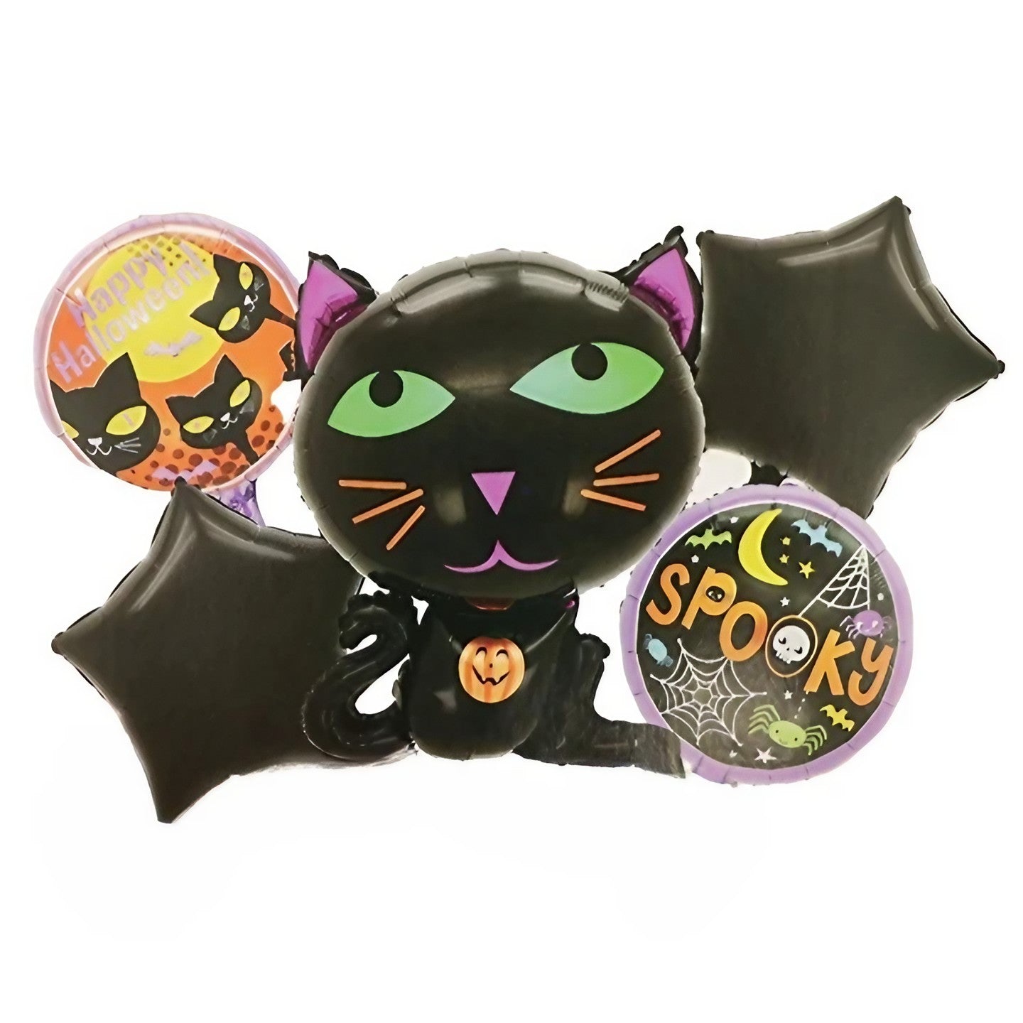 Set 5 Baloane din Folie Metalizata, ANGELBEAR, Figurine, Tema Halloween, Pai Inclus, Ambalaj Individual, Umflare cu Aer sau Heliu, Figurina Pisica 65x49 cm, Stelute si Cerculete 45 cm, Negru