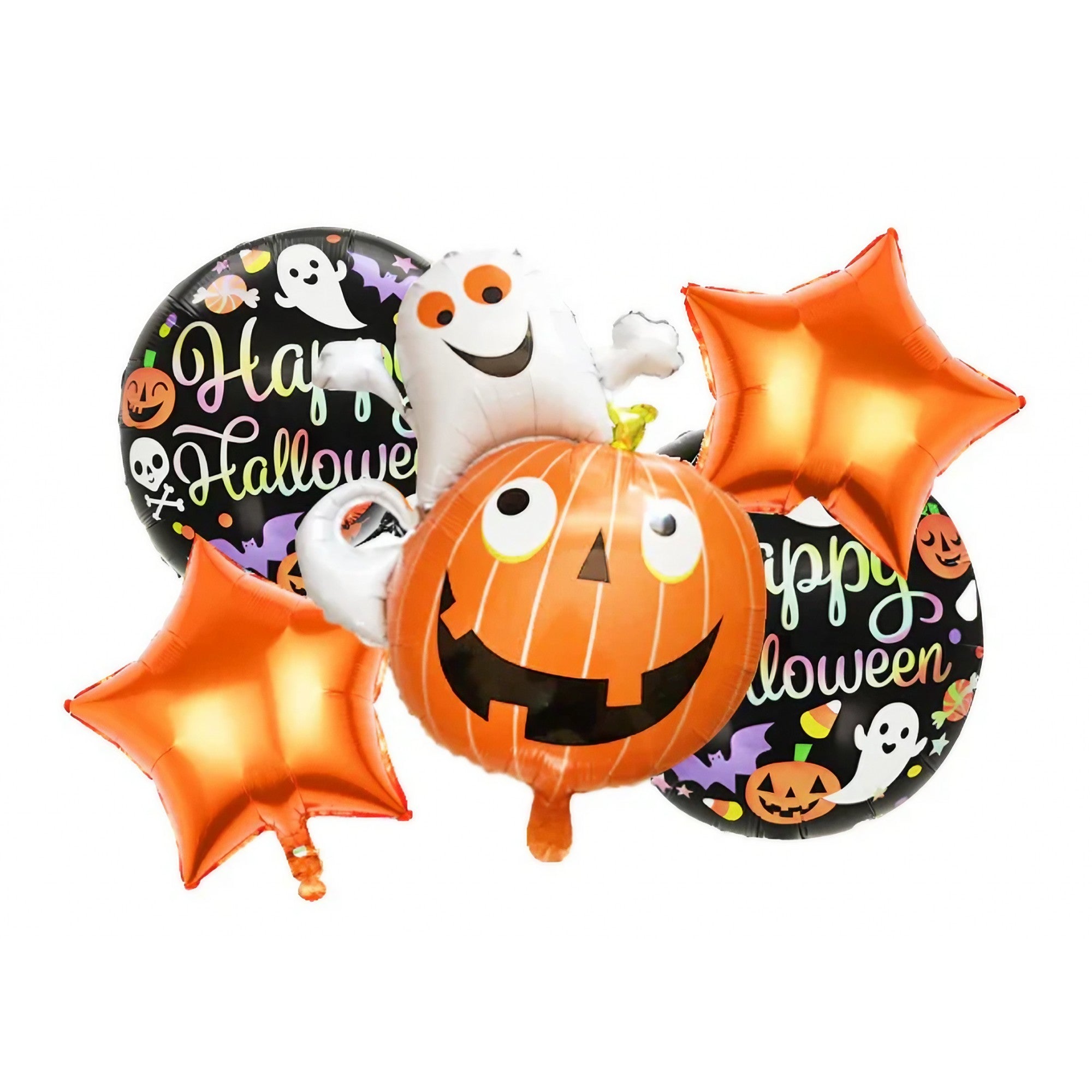 Set 5 Baloane din Folie Metalizata, ANGELBEAR, Figurine, Tema Halloween, Pai Inclus, Ambalaj Individual, Umflare cu Aer sau Heliu, Figurina Dovleac cu Fantoma 64x80 cm, Stelute si Cerculete 45 cm, Multicolor