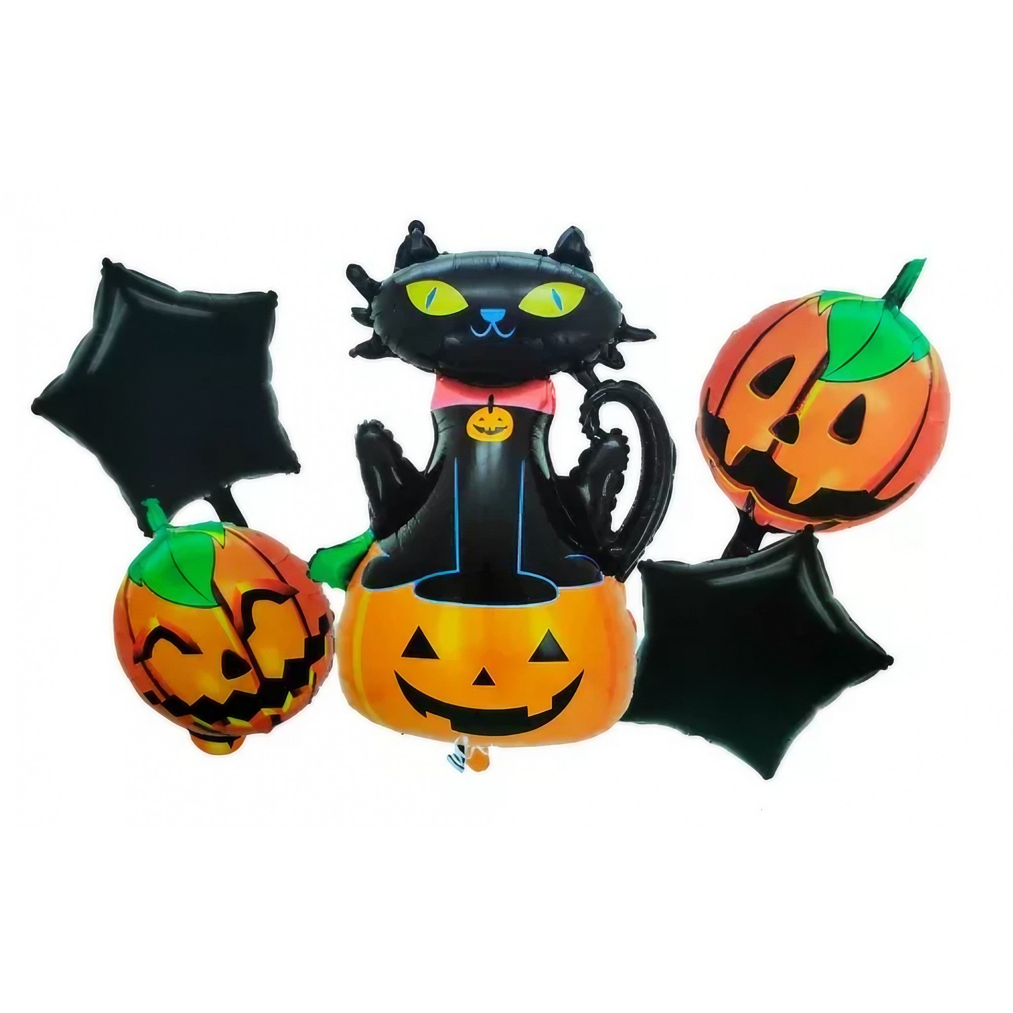 Set 5 Baloane din Folie Metalizata, ANGELBEAR, Figurine, Tema Halloween, Pai Inclus, Ambalaj Individual, Umflare cu Aer sau Heliu, Figurina Dovleac si Pisica 90x60 cm, Stelute si Cerculete 45 cm, Portocaliu-Negru