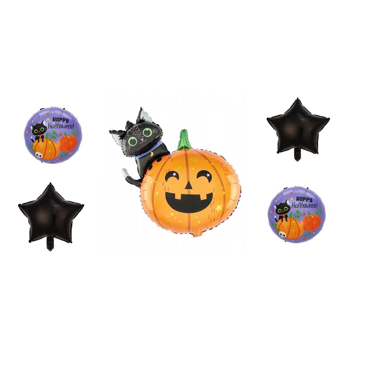 Set 5 Baloane din Folie Metalizata, ANGELBEAR, Figurine, Tema Halloween, Pai Inclus, Ambalaj Individual, Umflare cu Aer sau Heliu, Figurina Dovleac si Pisica 84x69 cm, Stelute si Cerculete 45 cm, Multicolor