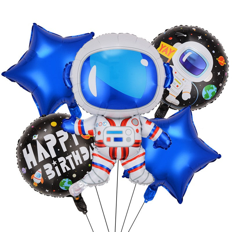 Set 5 baloane din folie metalizata HAPPY BIRTHDAY, ANGELBEAR, Figurina Model Astronaut, Stelute Albastre, Adeziv si pai incluse, 78 x 45cm, Albastru inchis