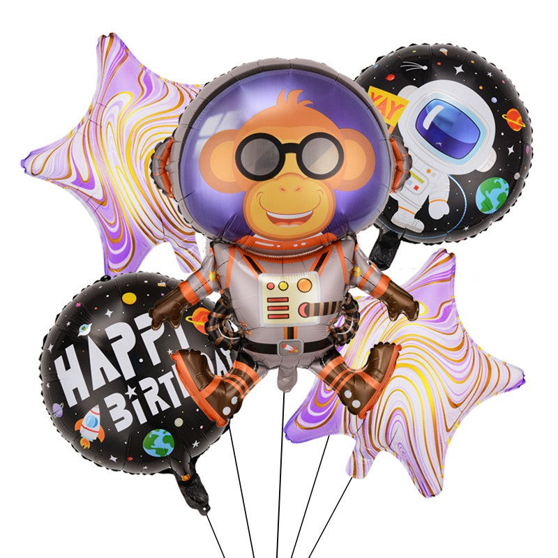 Baloane Model Maimutica Spatiala, ANGELBEAR, Set din 5 baloane, 1 Maimutica Astronaut, 2 Stele, 2 Rotunde, din folie de aluminiu, Adeziv si pai incluse, 78x45cm, Multicolor