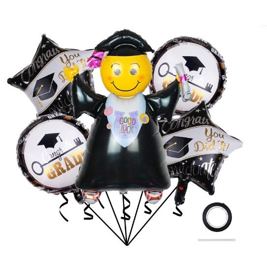 Baloane cu tematica Absolvire, ANGELBEAR, set din 5 baloane, 1 Figurina Absolventa, 2 stele, 2 rotunde, din folie de aluminiu, 70 x 40 cm, Aer si Heliu, Alb Negru