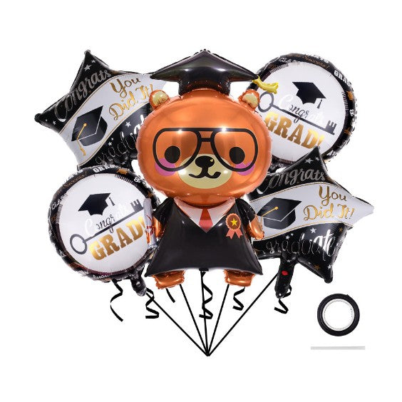 Baloane cu tematica Absolvire, ANGELBEAR, set din 5 baloane, 1 Figurina Ursulet, 2 stele, 2 rotunde, din folie de aluminiu, 70 x 40 cm, Aer si Heliu, Alb Negru