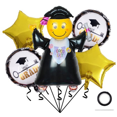 Baloane cu tematica Absolvire, ANGELBEAR, set din 5 baloane, 1 Figurina Absolventa, 2 stele, 2 rotunde, din folie de aluminiu, 70 x 40 cm, Aer si Heliu, Auriu Negru