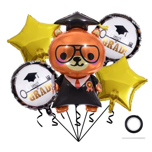 Baloane cu tematica Absolvire, ANGELBEAR, set din 5 baloane, 1 Figurina Ursulet, 2 stele, 2 rotunde, din folie de aluminiu, 70 x 40 cm, Aer si Heliu, Auriu Negru