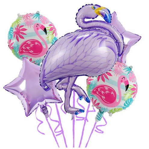 Baloane aniversare Flamingo Party, ANGELBEAR, din Folie de aluminiu si Latex, set din 5 baloane, 1 Flamingo, 2 Stele, 2 rotunde, 60 x 90 cm, Adeziv si pai inclus  Mov