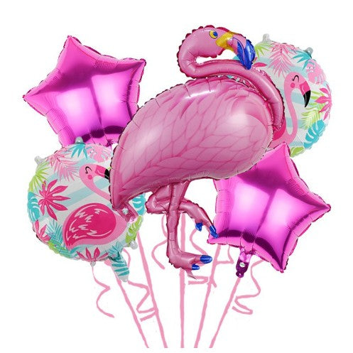 Set Baloane party aniversare, ANGELBEAR, din Folie de aluminiu si Latex, set din 5 baloane Flamigo Party cu 2 stele, 2 baloane rotunde, 60 -90 cm, Roz
