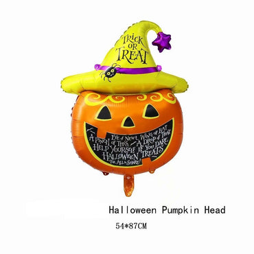 Set 5 Baloane din Folie Metalizata, ANGELBEAR, Figurine, Tema Halloween, Pai Inclus, Ambalaj Individual, Umflare cu Aer sau Heliu, Figurina Dovleac 54x87 cm, Stelute si Cerculete 45 cm, Multicolor