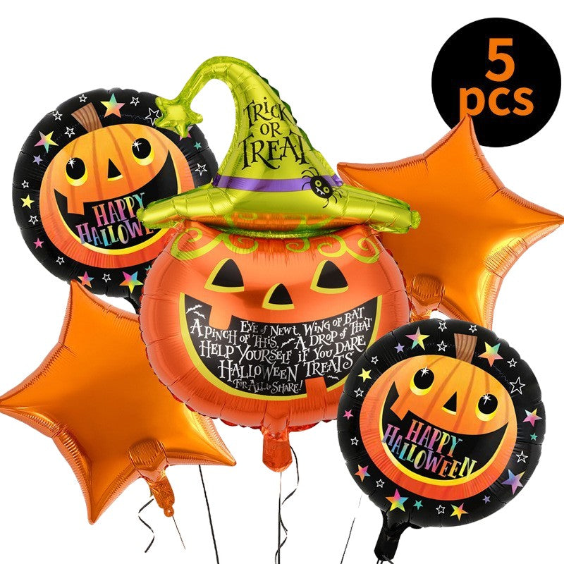 Set 5 Baloane din Folie Metalizata, ANGELBEAR, Figurine, Tema Halloween, Pai Inclus, Ambalaj Individual, Umflare cu Aer sau Heliu, Figurina Dovleac 54x87 cm, Stelute si Cerculete 45 cm, Multicolor
