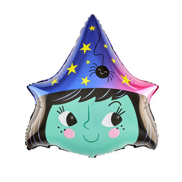 Baloane Halloween, ANGELBEAR, set din 5 Baloane, 1 Little Witch Halloween, 2 stele negre, 2 baloane rotunde multicolore, din folie de aluminiu, 30- 40 cm, pai de carton inclus, Multicolor