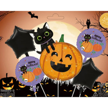Set 5 Baloane din Folie Metalizata, ANGELBEAR, Figurine, Tema Halloween, Pai Inclus, Ambalaj Individual, Umflare cu Aer sau Heliu, Figurina Dovleac si Pisica 84x69 cm, Stelute si Cerculete 45 cm, Multicolor