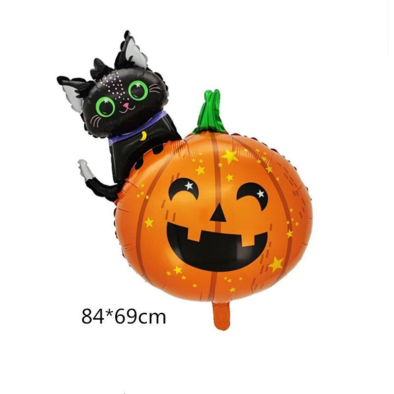 Set 5 Baloane din Folie Metalizata, ANGELBEAR, Figurine, Tema Halloween, Pai Inclus, Ambalaj Individual, Umflare cu Aer sau Heliu, Figurina Dovleac si Pisica 84x69 cm, Stelute si Cerculete 45 cm, Multicolor
