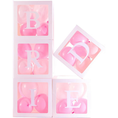 Set 5 Cutii pentru Baloane, ANGELBEAR, Model Scris Bride, Tematica Nunta, Cuburi Decorative din Plastic, Accesorii pentru Petrecere, 30 x30 cm, Transparente Contur Alb