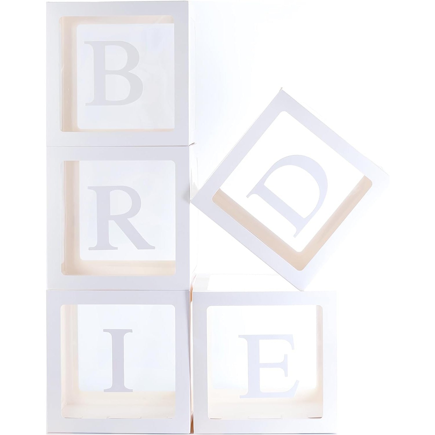 Set 5 Cutii pentru Baloane, ANGELBEAR, Model Scris Bride, Tematica Nunta, Cuburi Decorative din Plastic, Accesorii pentru Petrecere, 30 x30 cm, Transparente Contur Alb
