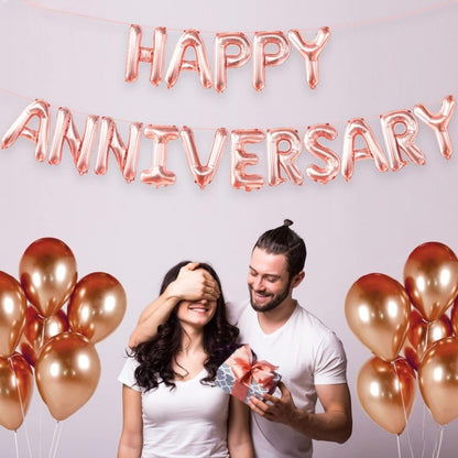 Set Baloane din Folie Metalizata, ANGELBEAR, Model Happy Anniversary, Litere de 40 cm, Baloane Party, Ambalaj Individual, Pai Inclus, Umflare cu Aer sau Heliu, Roz