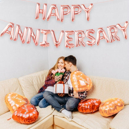 Set Baloane din Folie Metalizata, ANGELBEAR, Model Happy Anniversary, Litere de 40 cm, Baloane Party, Ambalaj Individual, Pai Inclus, Umflare cu Aer sau Heliu, Roz