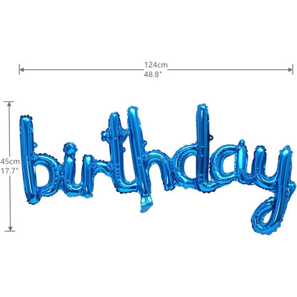 Set Baloane din Folie Metalizata, ANGELBEAR, Model Happy Birthday, 45x85 cm, 45x124cm, Baloane Party, Ambalaj Individual, Pai Inclus, Umflare cu Aer sau Heliu, Albastru