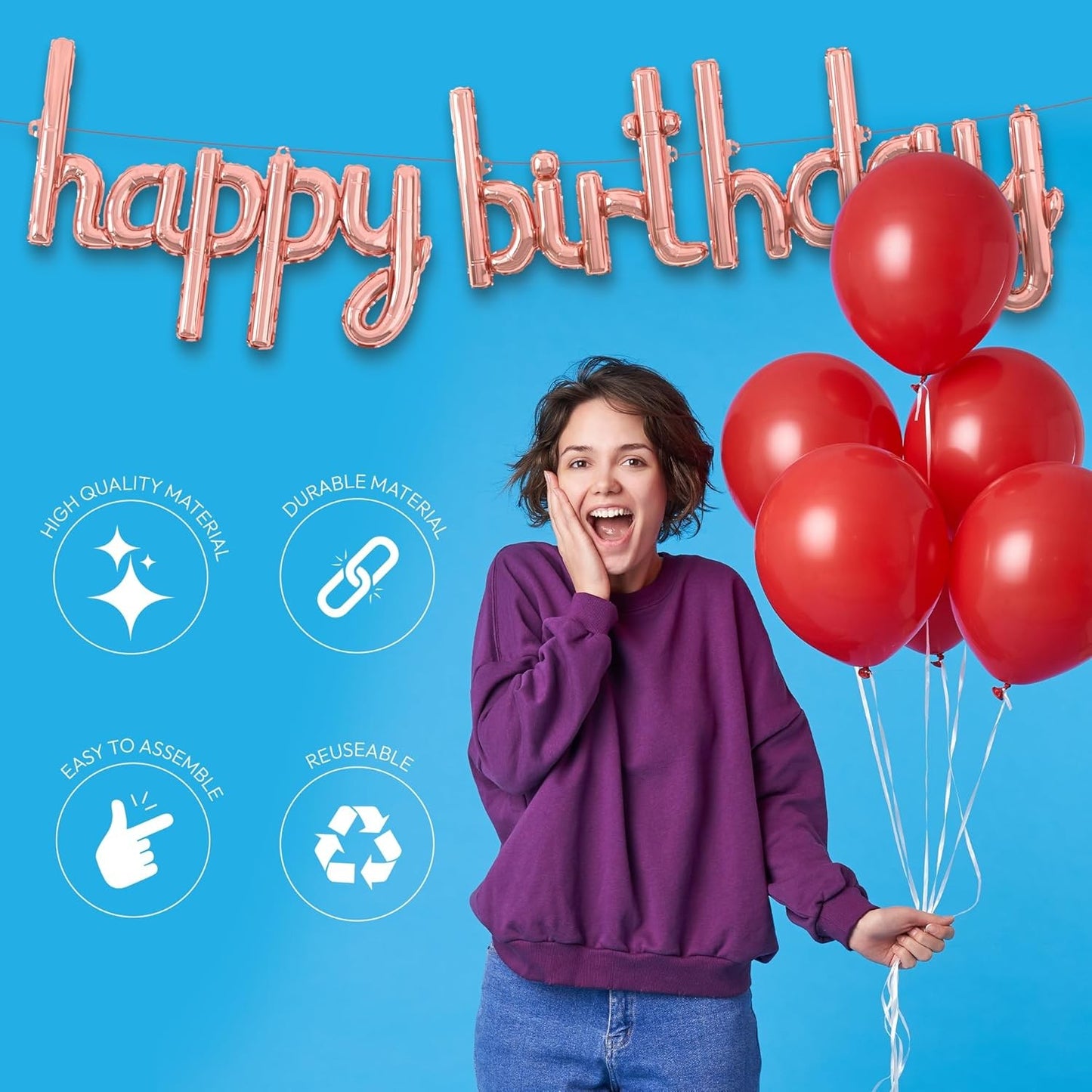 Set Baloane din Folie Metalizata, ANGELBEAR, Model Happy Birthday, 45x85 cm, 45x124cm, Baloane Party, Ambalaj Individual, Pai Inclus, Umflare cu Aer sau Heliu, Roz Pal