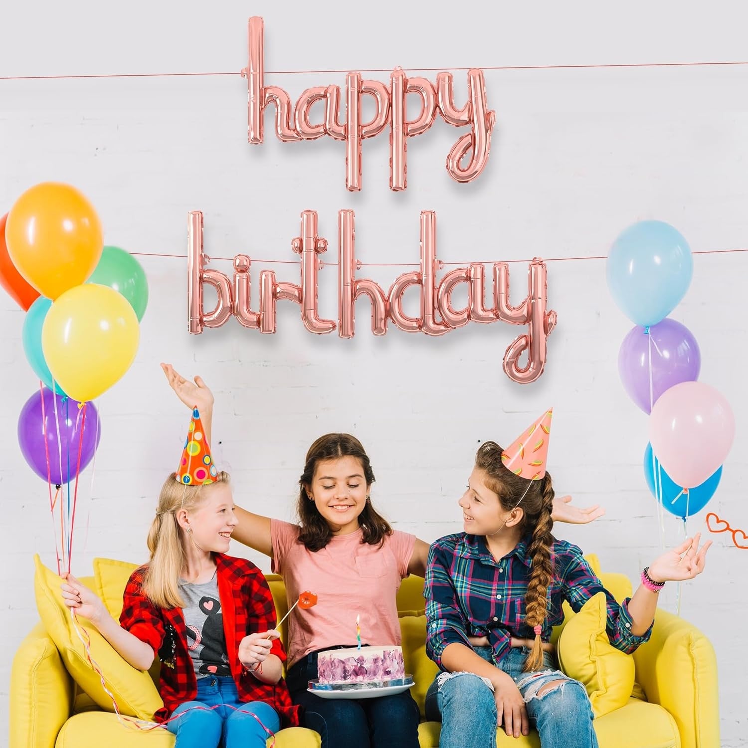 Set Baloane din Folie Metalizata, ANGELBEAR, Model Happy Birthday, 45x85 cm, 45x124cm, Baloane Party, Ambalaj Individual, Pai Inclus, Umflare cu Aer sau Heliu, Roz Pal