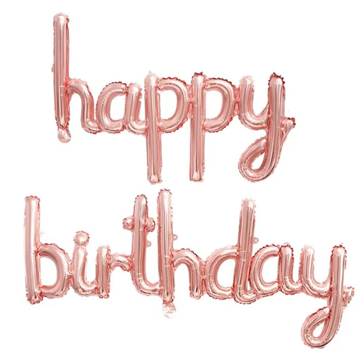 Set Baloane din Folie Metalizata, ANGELBEAR, Model Happy Birthday, 45x85 cm, 45x124cm, Baloane Party, Ambalaj Individual, Pai Inclus, Umflare cu Aer sau Heliu, Roz Pal