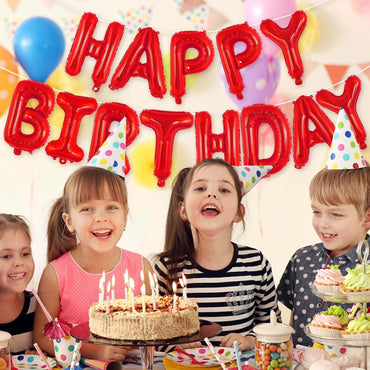 Set Baloane din Folie Metalizata, ANGELBEAR, Model Happy Birthday, Litere de 40 cm, Baloane Party, Ambalaj Individual, Pai, Ata si Adeziv Incluse, Umflare cu Aer sau Heliu, Rosu