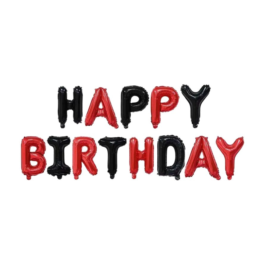 Set Baloane din Folie Metalizata, ANGELBEAR, Model Happy Birthday, Litere de 40 cm, Baloane Party, Ambalaj Individual, Pai, Ata si Adeziv Incluse, Umflare cu Aer sau Heliu, Rosu-Negru