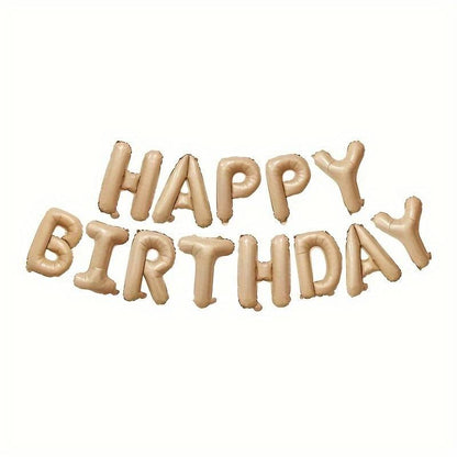 Set 25 de Baloane din Folie Metalizata si Latex, ANGELBEAR, Figurine 2 Stele, 4 Baloane Confetti, 13 Litere, 6 Latex, Model Happy Birthday, Tema Aniversare, 40 cm, Ambalaj Individual, Pai Inclus, Umflare cu Aer sau Heliu, Bej