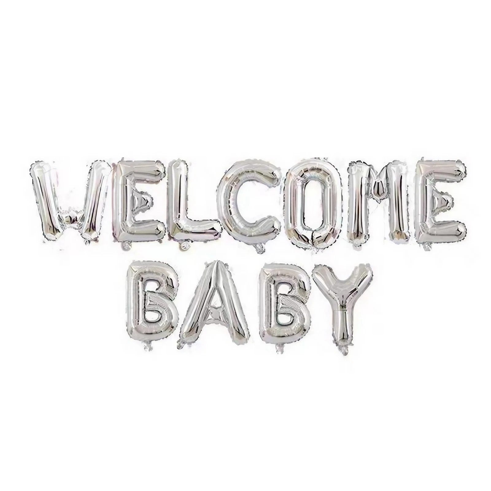 Set Baloane din Folie Metalizata, ANGELBEAR, Figurine Litere, Model Welcome Baby, Tema Aniversare, 40 cm, Ambalaj Individual, Pai inclus, Umflare cu Aer sau Heliu, Argintiu