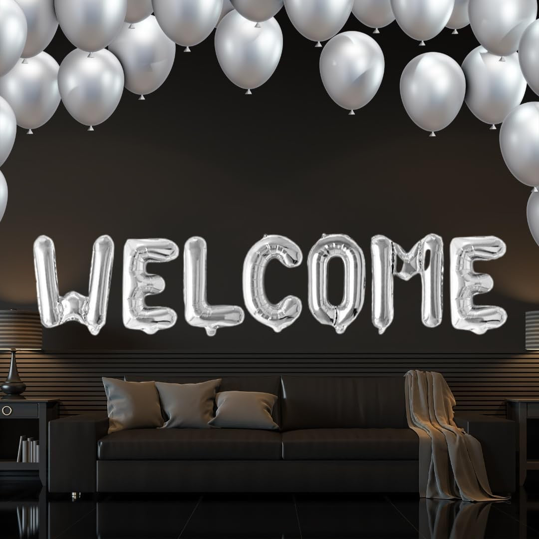 Set Baloane din Folie Metalizata, ANGELBEAR, Model WELCOME!, Litere de 40 cm, Baloane Party, Ambalaj Individual, Pai Inclus, Umflare cu Aer sau Heliu, Argintiu