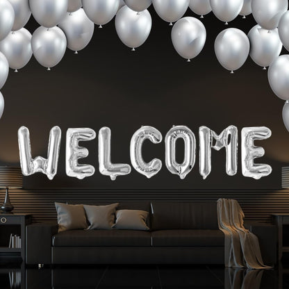 Set Baloane din Folie Metalizata, ANGELBEAR, Model WELCOME!, Litere de 40 cm, Baloane Party, Ambalaj Individual, Pai Inclus, Umflare cu Aer sau Heliu, Argintiu