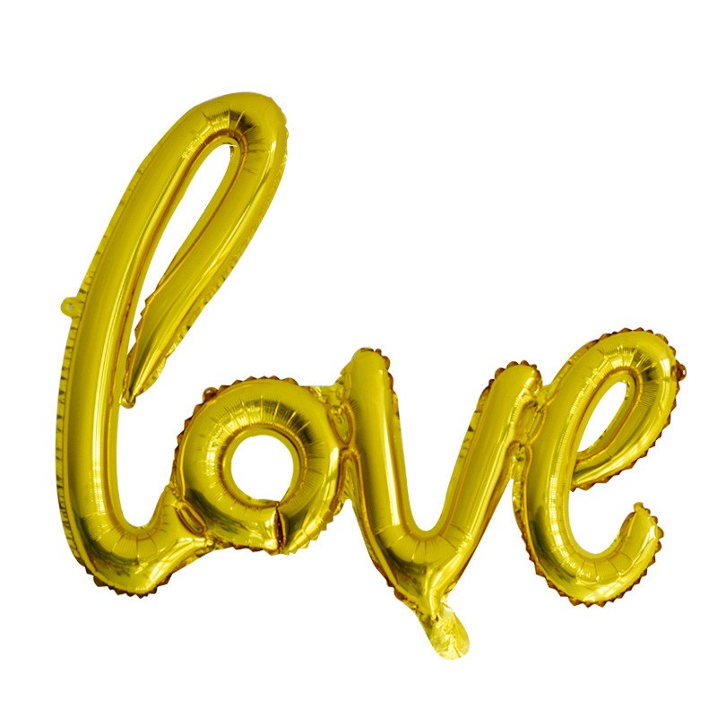 Balon din Folie Metalizata, ANGELBEAR, Model Love scris de mana, 102x65 cm, Tematica Ziua ÃŽndrÄƒgostiÈ›ilor, Ambalaj Individual, Pai Inclus, Umflare cu Aer sau Heliu, Auriu