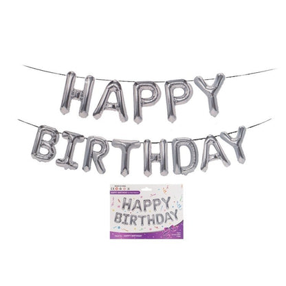 Set 13 Baloane Folie, ANGELBEAR, Tip Ghirlanda, Model Happy Birthday, 40 cm, Argintiu