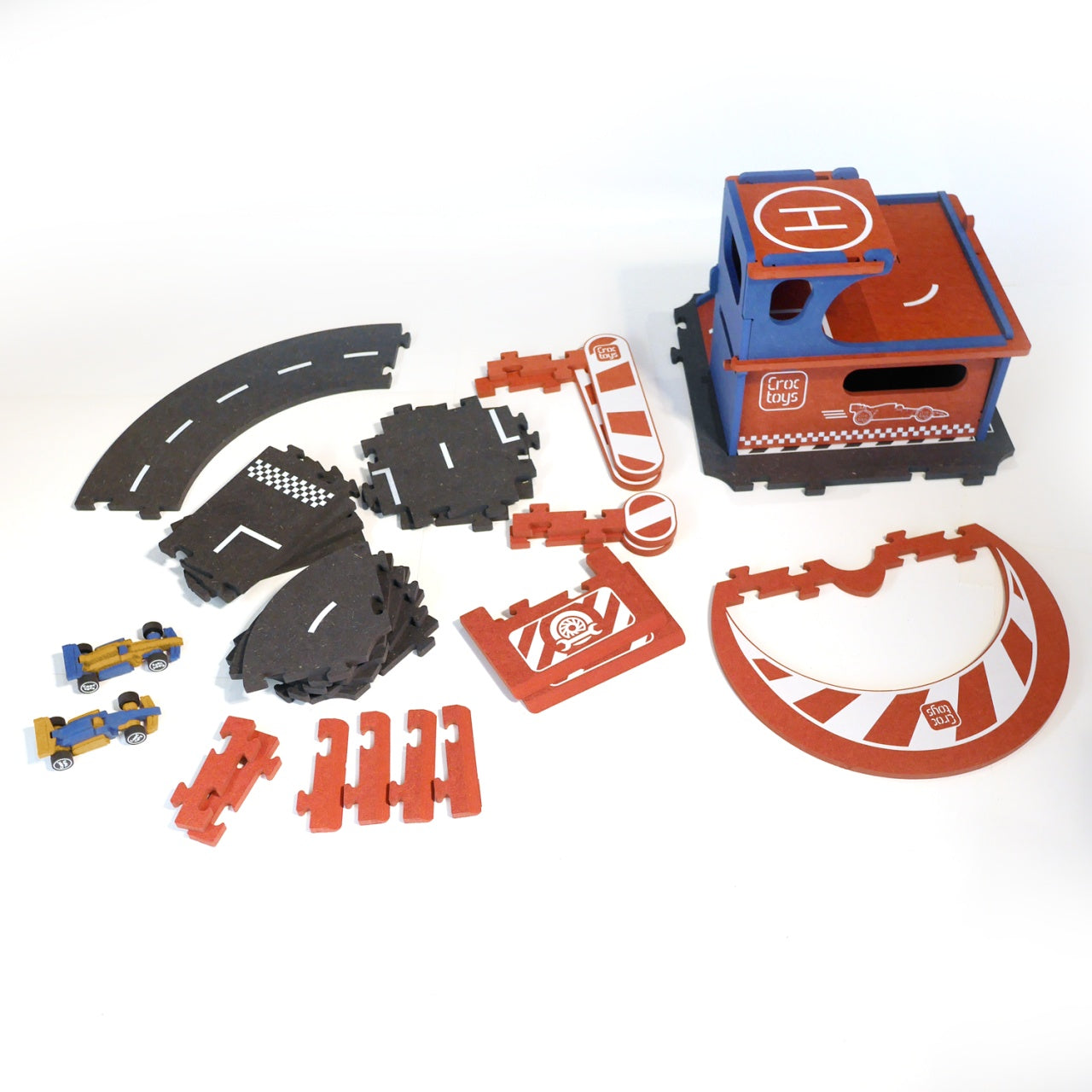 Set de constructie Garaj modular cu pista si 2 masini de curse, Croc toys
